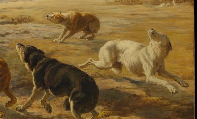 Scattered white dog fleeing