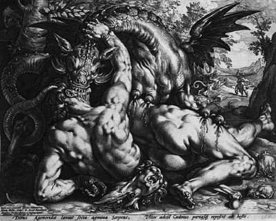 竜に噛まれるカドモスの部下(コルネーリス・コルネーリスゾーン・ファン・ハールレムの原画に基づく)